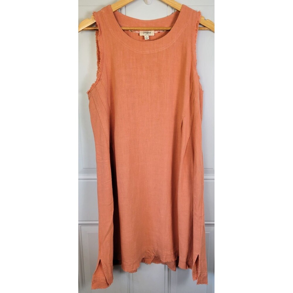Umgee Linen Blend Shift Dress Size S Fringe Lagenlook Natural Fabric